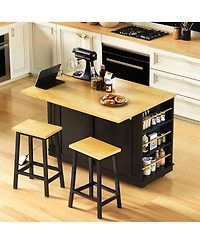 Casainc 48inch Kitchen Island with 2 Bar Stools, Power Outlet, Drop Leaf, Rolling Cart Door Rack, Side Racks