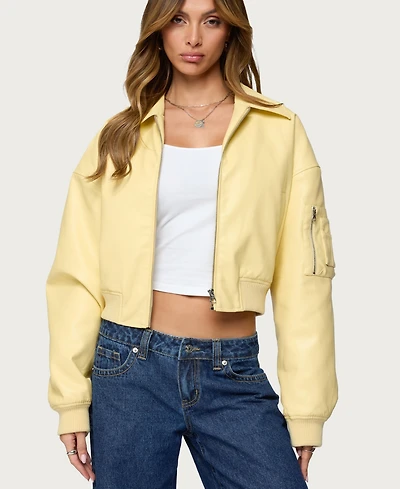 Edikted Women's Zayna Cropped Faux Leather Bomber Jacket