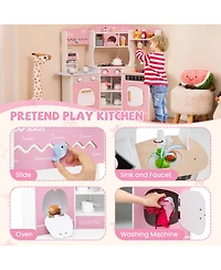 Skonyon Corner Wooden Play Kitchen with Coffee Machine and Slide for Kids-Pink
