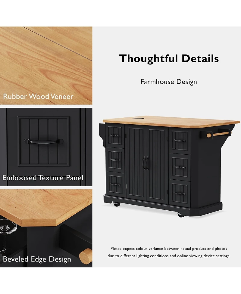 Casainc 56" Kitchen Island Cart, Drop Leaf, Power Outlet, 4 Shelves, 6 Drawers, Rubber Wood Veneer, Rolling for Dining Room