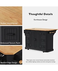 Casainc 56" Kitchen Island Cart, Drop Leaf, Power Outlet, 4 Shelves, 6 Drawers, Rubber Wood Veneer, Rolling for Dining Room