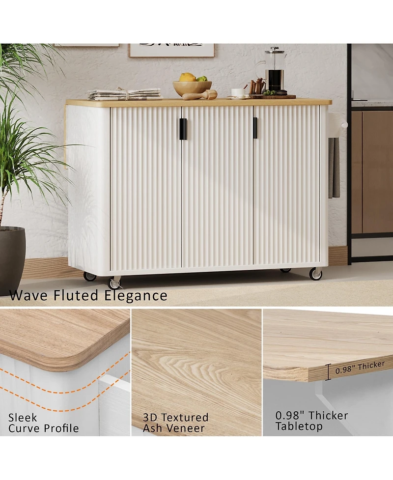 sumyeg 51" Fluted Kitchen Island with Drop Leaf, Rolling Kitchen Cart with Internal Storage Rack and Towel Holder