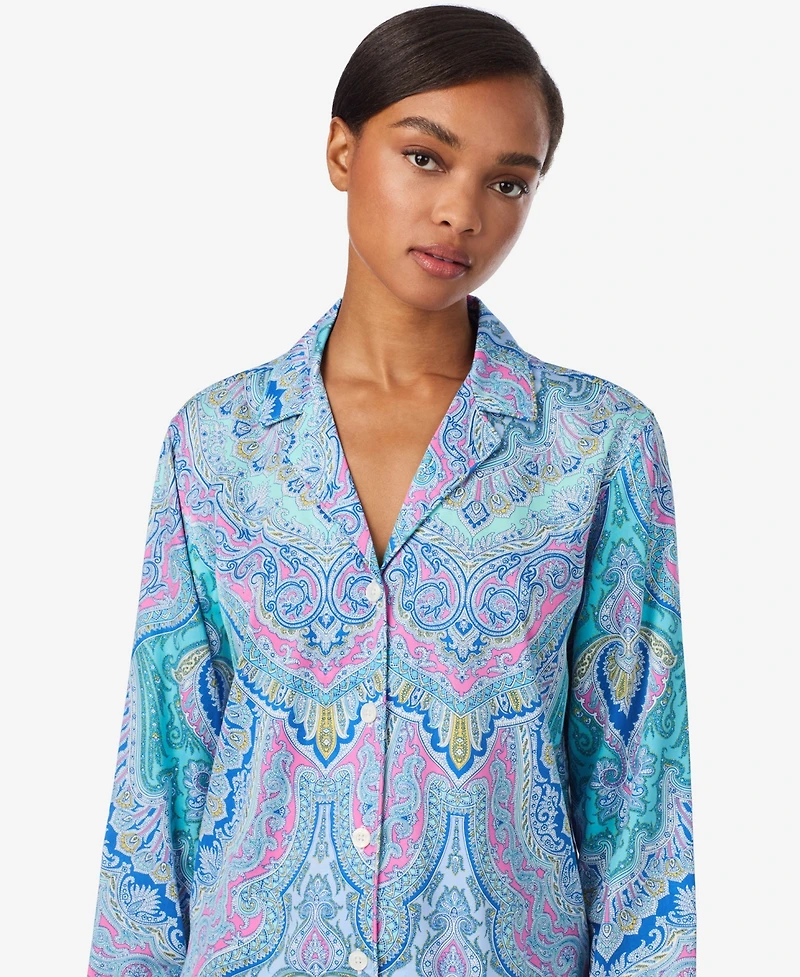 Lauren Ralph Women's Petite Long Sleeve Notch Collar Pant Pajama Set