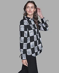 Karl Lagerfeld Paris Women's Printed Collared Long-Sleeve Blouse