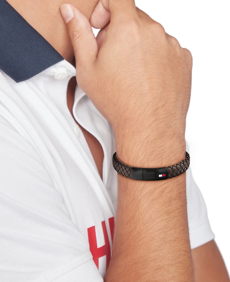 Tommy Hilfiger Men's Brown Leather with Black Ion-Plating Braided Bracelet