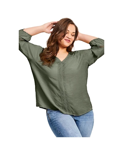 Avenue Women's Embroidered Lace Detail Peasant Blouse