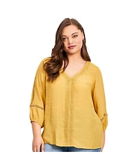 Avenue Women's Plus Embroidered Lace Detail Peasant Blouse