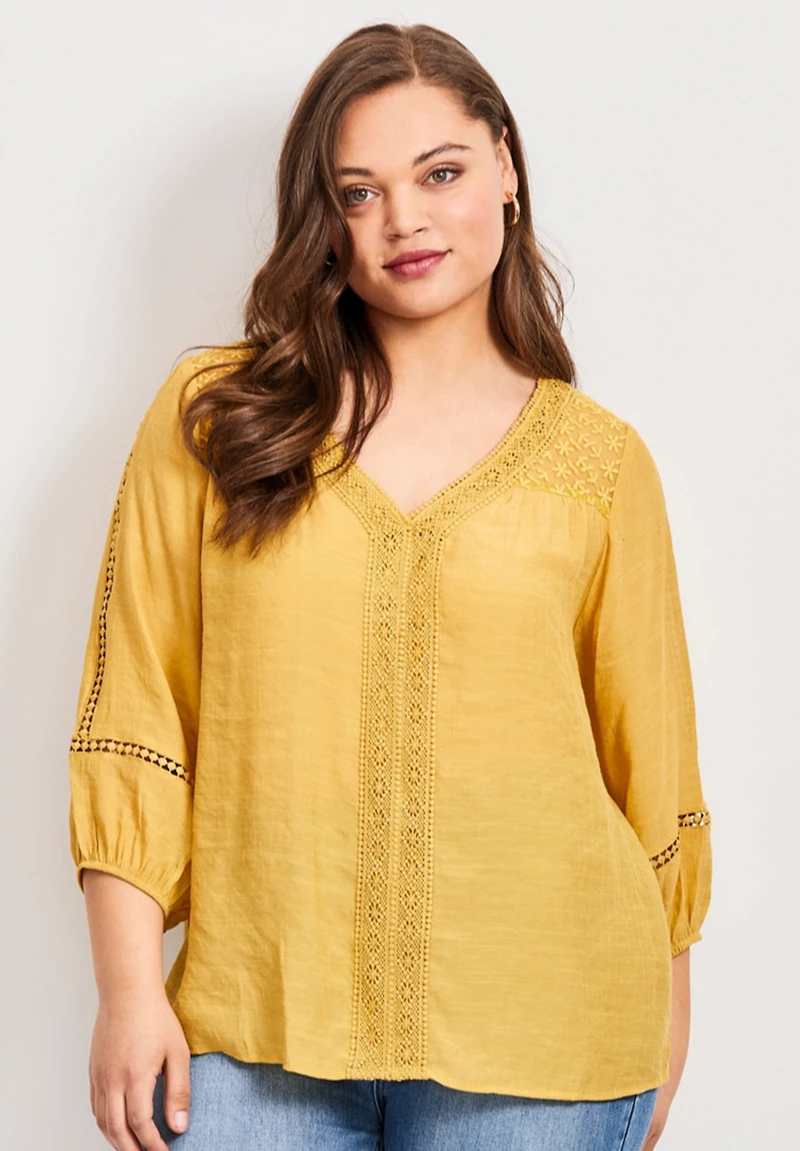 Avenue Women's Plus Embroidered Lace Detail Peasant Blouse