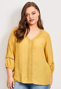 Avenue Women's Plus Embroidered Lace Detail Peasant Blouse