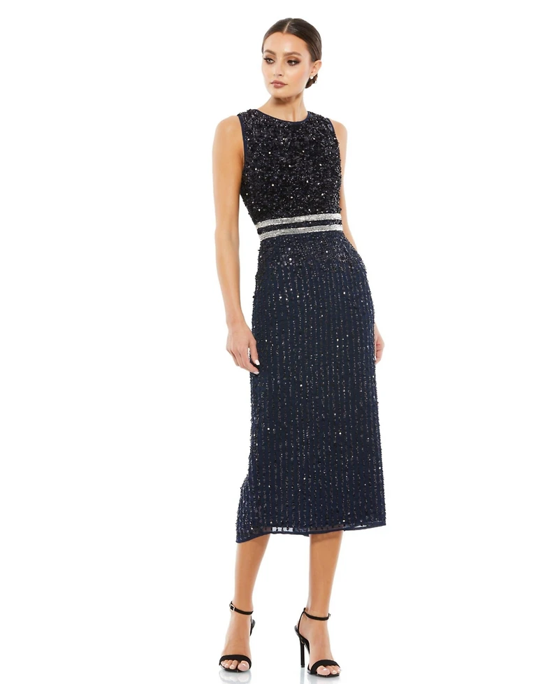 Mac Duggal Women's Sleeveless High Neck Beaded Midi Sheath Dress