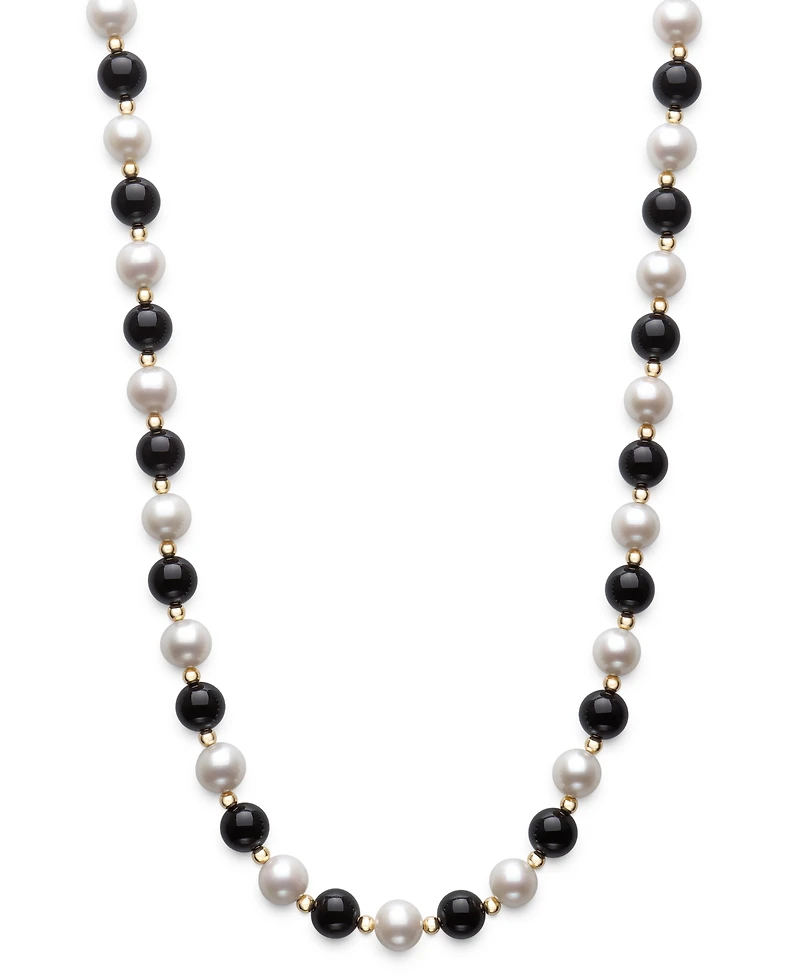 Macy's Freshwater Pearl (7.5-8.5mm), Black Onyx and Gold Bead Necklace in 10k Yellow Gold