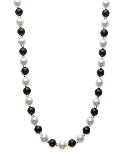 Macy's Freshwater Pearl (7.5-8.5mm), Black Onyx and Gold Bead Necklace in 10k Yellow Gold