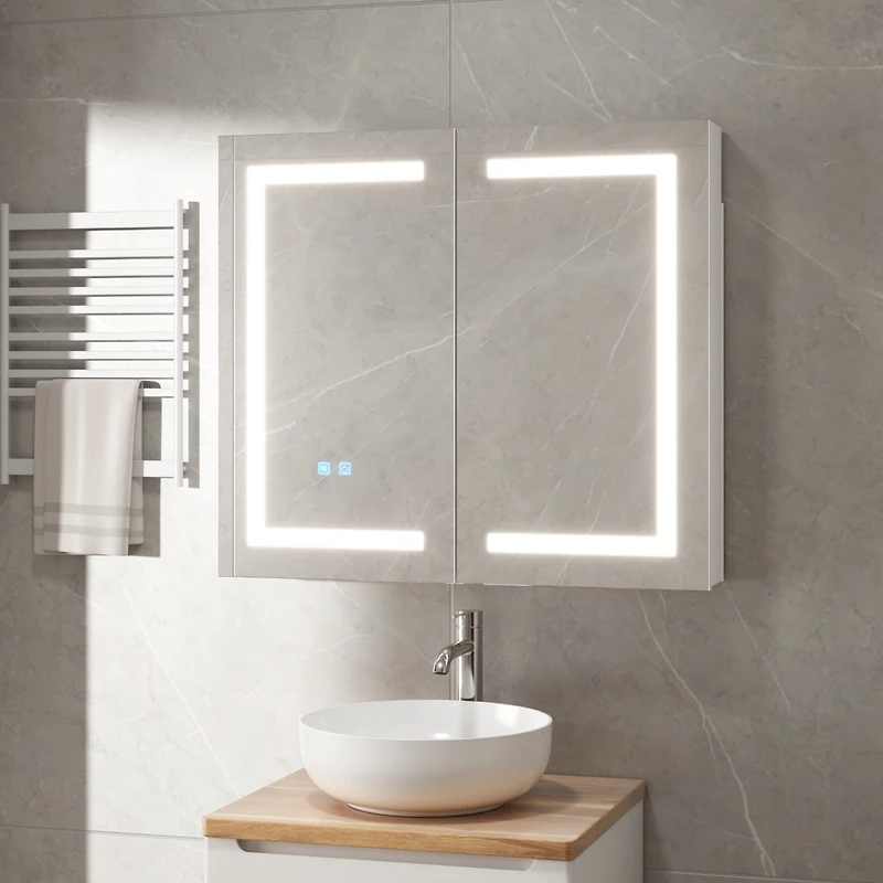 Bathroom Wall Cabinet with Mirror, Dimmable Lights, Frameless Surface Mount