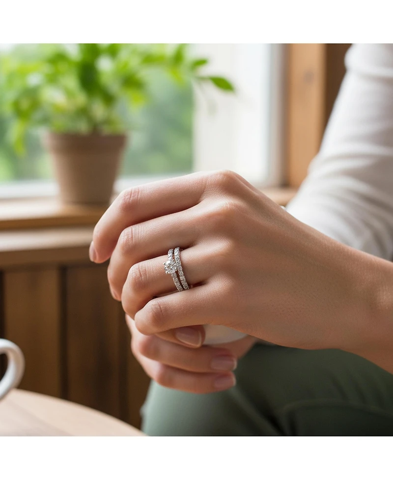 Bling Jewelry Classic Sterling Silver Princess Cut Cz Solitaire & Eternity Band Ring Set