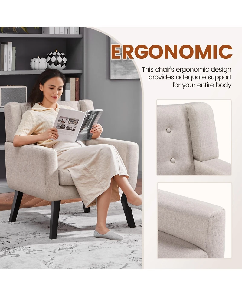 Yaheetech Linen Fabric Upholstered Button Tufted Armchair with Solid Wood Legs with Thick Removable Seat Cushion, Beige
