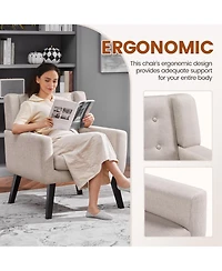 Yaheetech Linen Fabric Upholstered Button Tufted Armchair with Solid Wood Legs with Thick Removable Seat Cushion, Beige