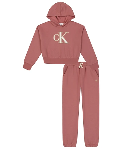 Calvin Klein Girls Toddler 2T-4T Long-Sleeve Hoodie and Fleece Pants, 2-Piece Set