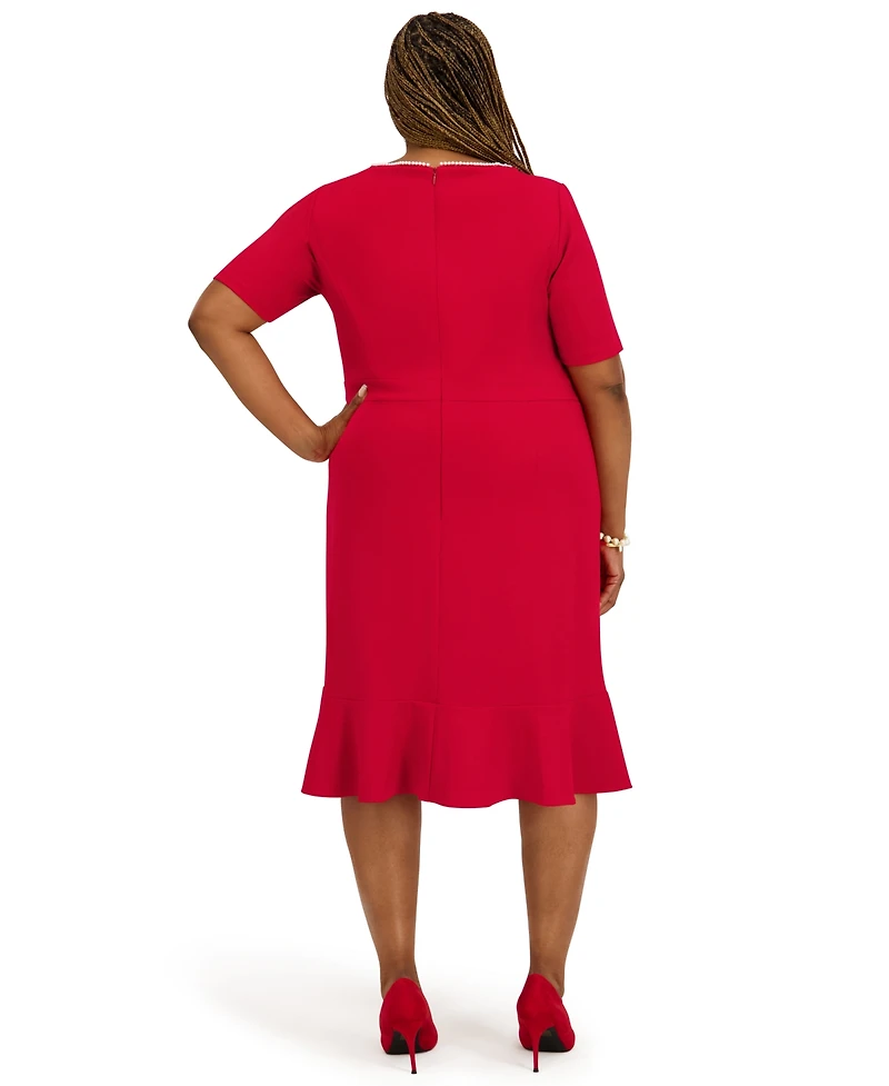 Kasper Women's Round Neck Knee Length Ruffle Skirt Dress, Regular and Plus