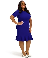 Kasper Women's Round Neck Knee Length Ruffle Skirt Dress, Regular and Plus