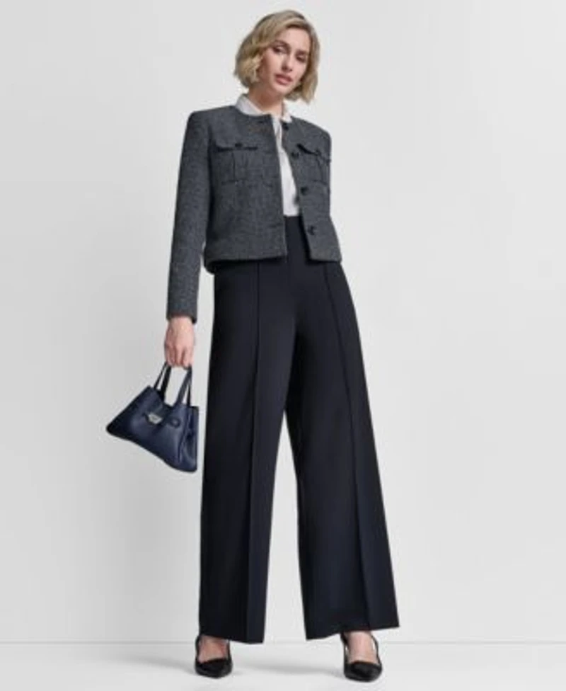 Dkny Womens Collarless Cropped 4 Button Jacket Pleated Button Up Blouse Pintuck Wide Leg Pants