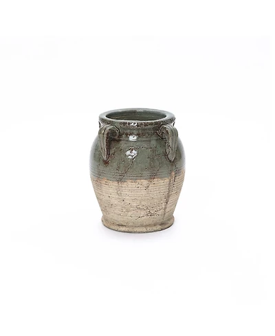 LuxenHome 9.45" Rustic Green & Brown Terracotta Jar Vase with Four Handles, Round Pottery-Style Accent for Farmhouse & Vintage Decor