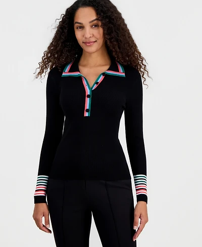T Tahari Women's Striped-Trim Collared Button Top