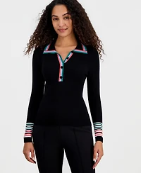 T Tahari Women's Striped-Trim Collared Button Top