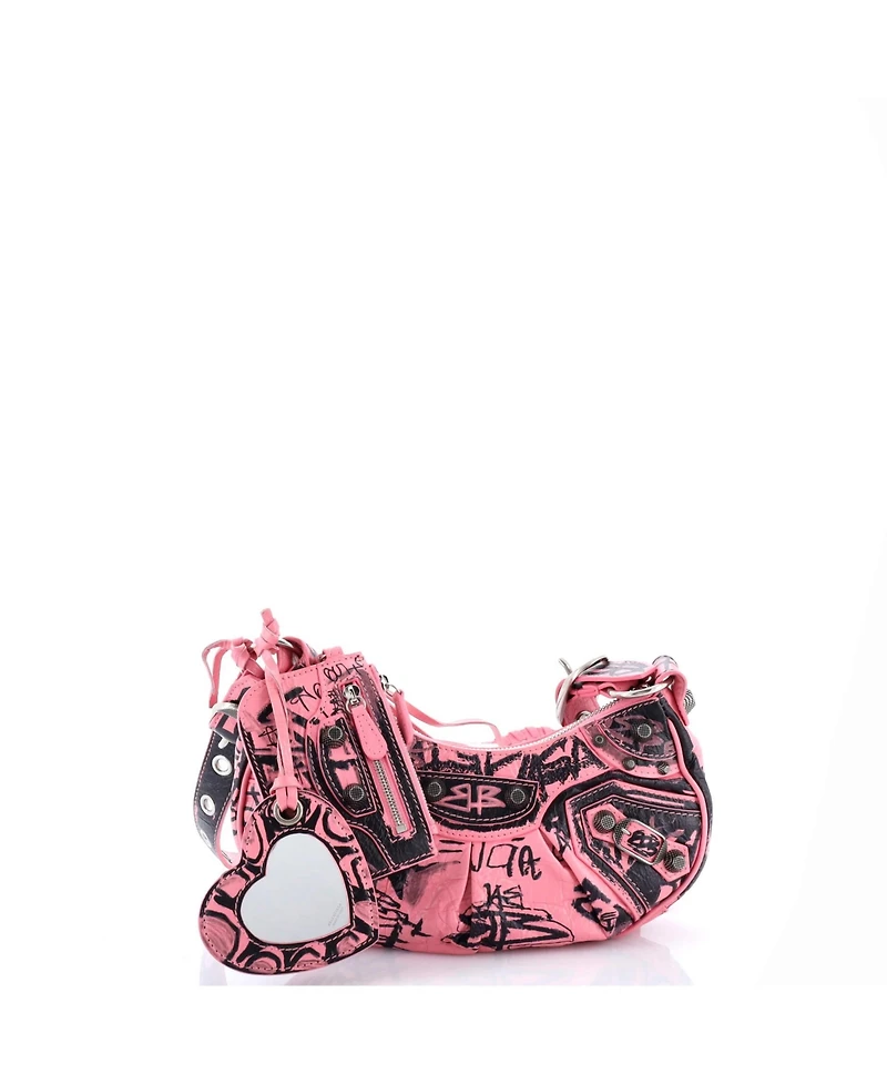 Pre-Owned Balenciaga Xs Le Cagole Graffiti Giant Studs Shoulder Bag Leather