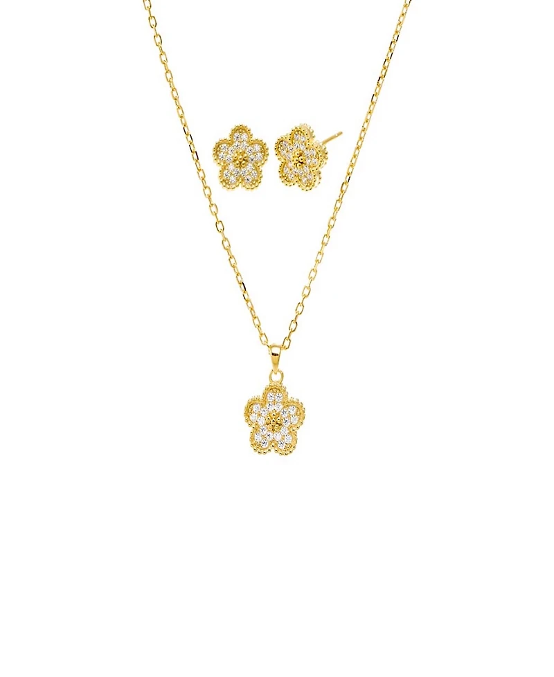 by Adina Eden Pave Flower Gold Plated Necklace Earring Combo Set