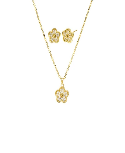 by Adina Eden Pave Flower Gold Plated Necklace Earring Combo Set