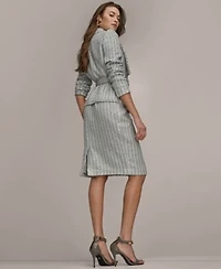 Donna Karan New York Womens Draped Lapel Collar Belted Sequin Detail Jacket Sequin Detail Pencil Midi Skirt Printed Turtle Neck Top