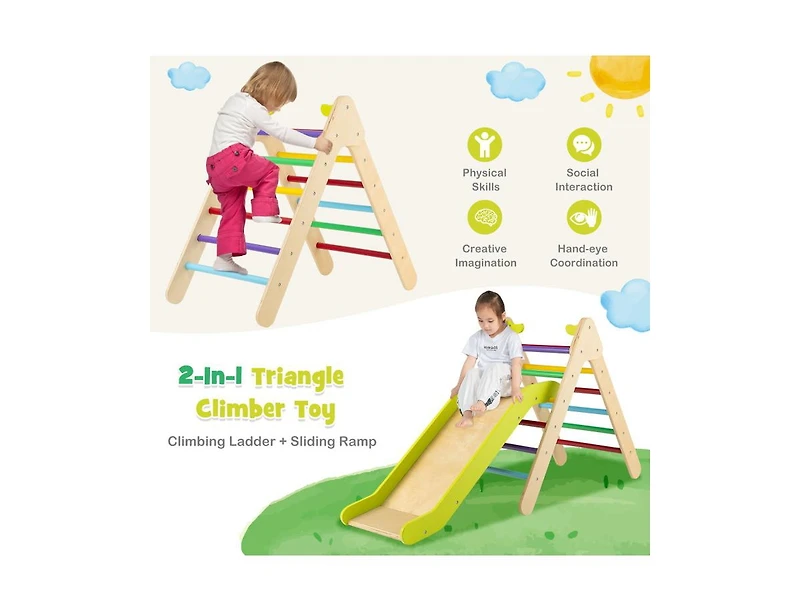 2-in-1 Wooden Triangle Climber Set with Gradient Adjustable Slide