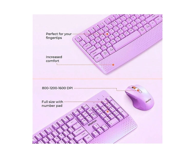risokeys Wireless Combo, Full-Sized Keyboard with Wrist Rest & 3 Dpi Mouse, 2.4G, Compatible with Pc/Laptop/Computer, Purple