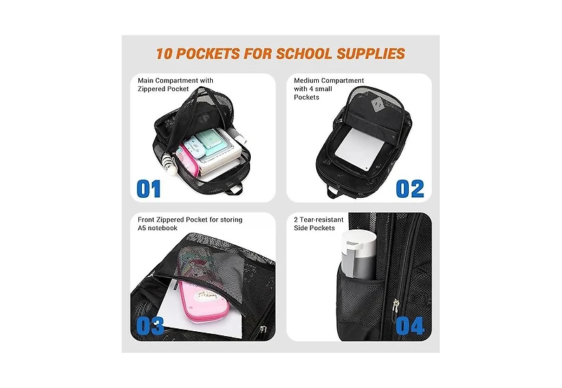 Batfox Mesh Backpack Heavy Duty, See Through School Backpack Transparent Bookbag for Swimming, Beach, Sports, Work