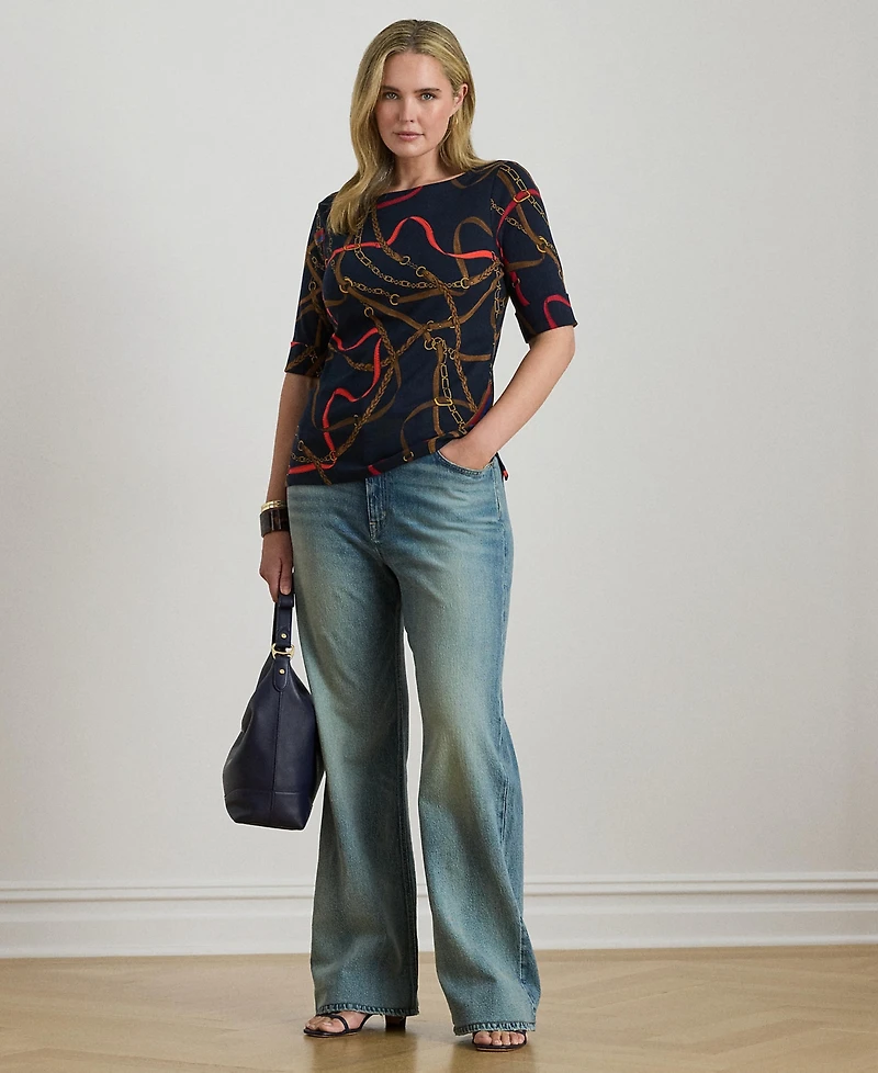 Lauren Ralph Plus Belting Print Boat Neck T-Shirt