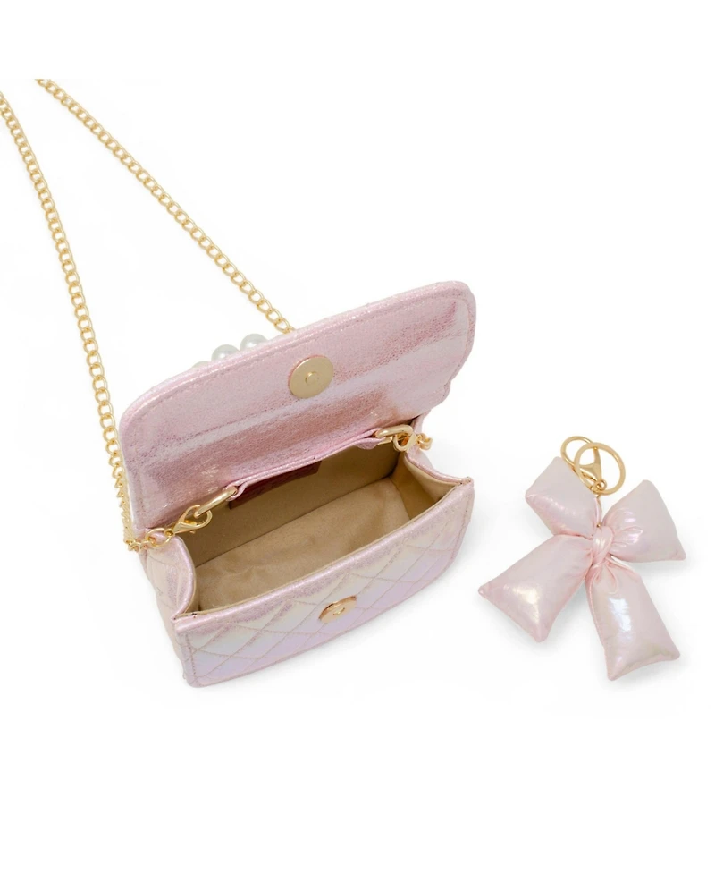Zomi Gems Girls Shiny Quilted Fluffy Bow Handbag, Pink