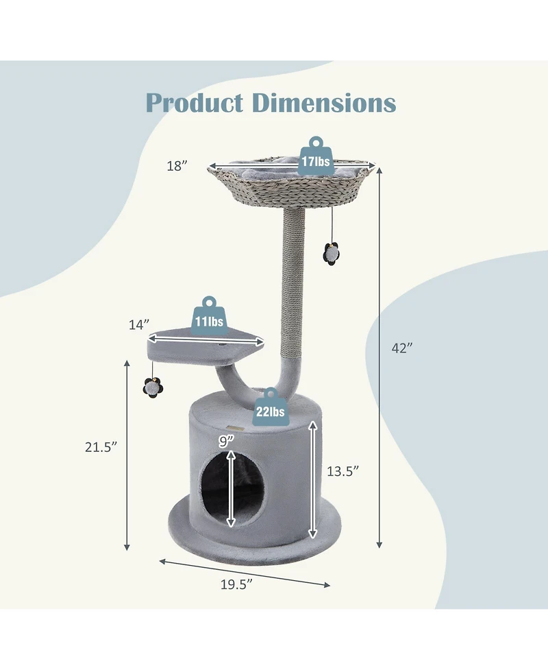 Sugift 42 Inch Tall Cat Tower with Curved Metal Supporting Frame for Large and Small Cats
