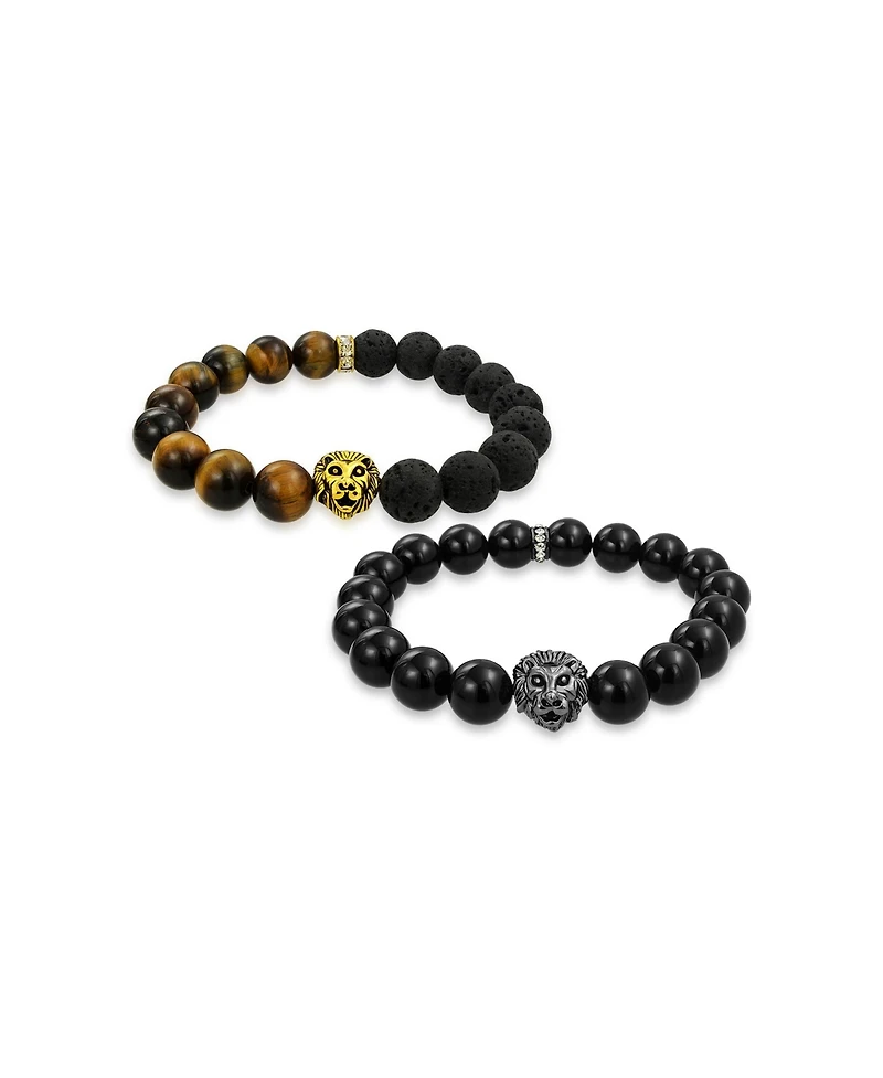 Bling Jewelry Set of 2 Lion Face Natural Onyx Tiger Eye & Lava Rock Bead Stretch Bracelet Gold Plated