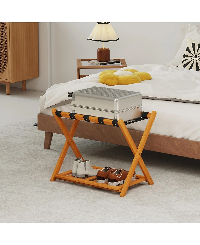 Costway-Folding Luggage Racks Set of 2 with Storage Shelf & 5 Nylon Straps Luggage Holder