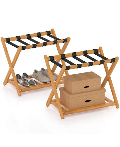 Costway-Folding Luggage Racks Set of 2 with Storage Shelf & 5 Nylon Straps Luggage Holder