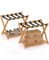 Costway-Folding Luggage Racks Set of 2 with Storage Shelf & 5 Nylon Straps Luggage Holder