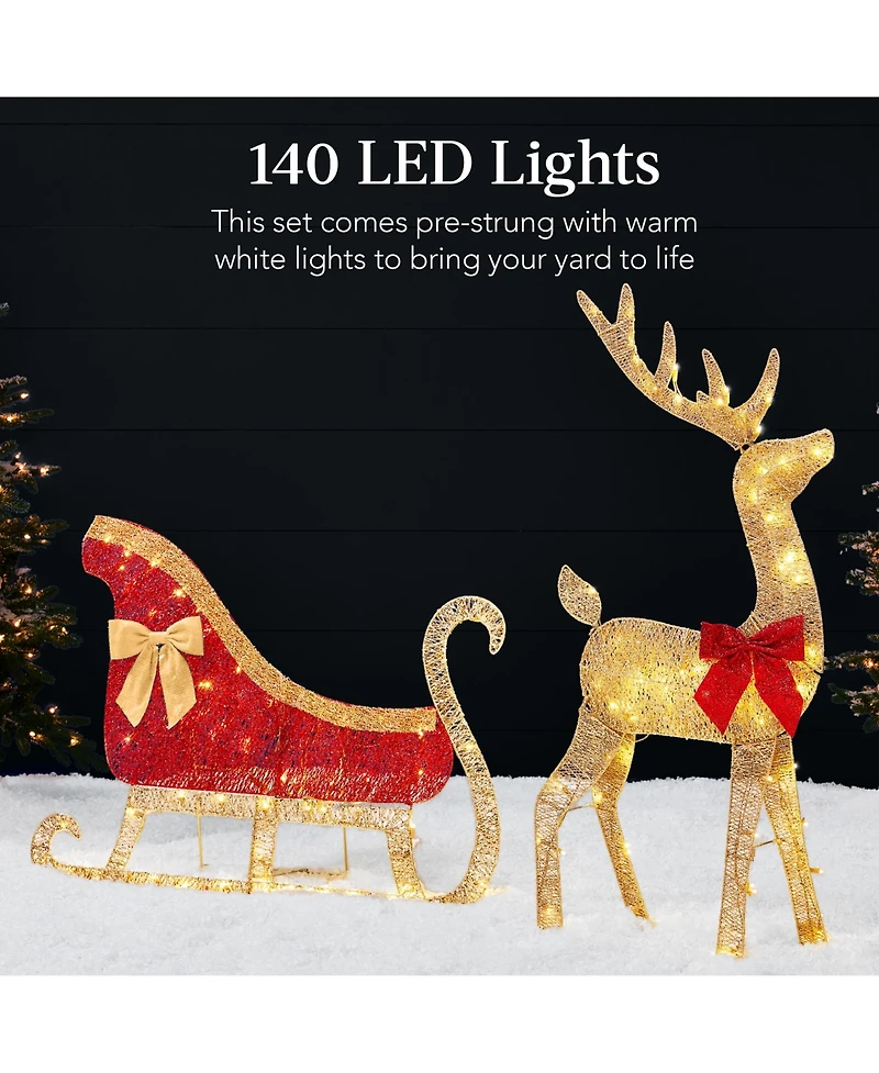 Best Choice Products Lighted 2D Reindeer & Sleigh Set Outdoor Decor w/ Warm White Led Lights