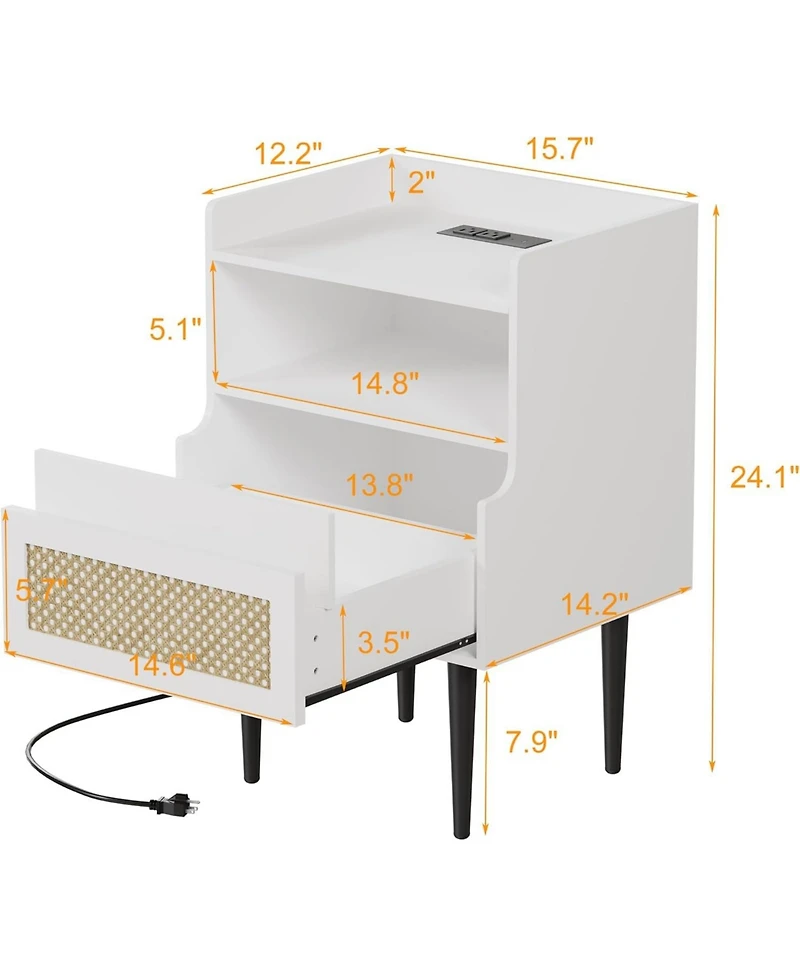 gaomon Nightstand Set of 2, Rattan End Table with Charging Station, 2 Open Shelves Beside Table with Drawer and Solid Legs, Modern Accent Table for Be
