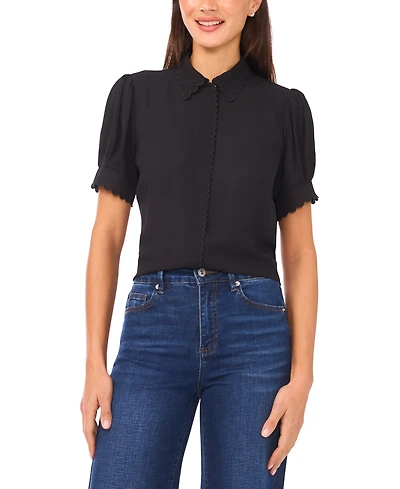 CeCe Women's Scallop Button-Down Short-Sleeve Top