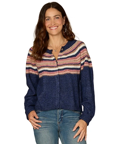 Democracy Petite Stripe Jacquard Long-Sleeve Cardigan Sweater