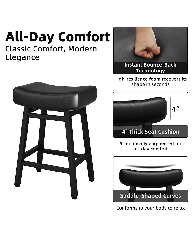 Dyhome 24 Inches Bar Stools Set of 3, Saddle Kitchen with Pu Leather Cushion Counter Height Barstools for Dining Cafe