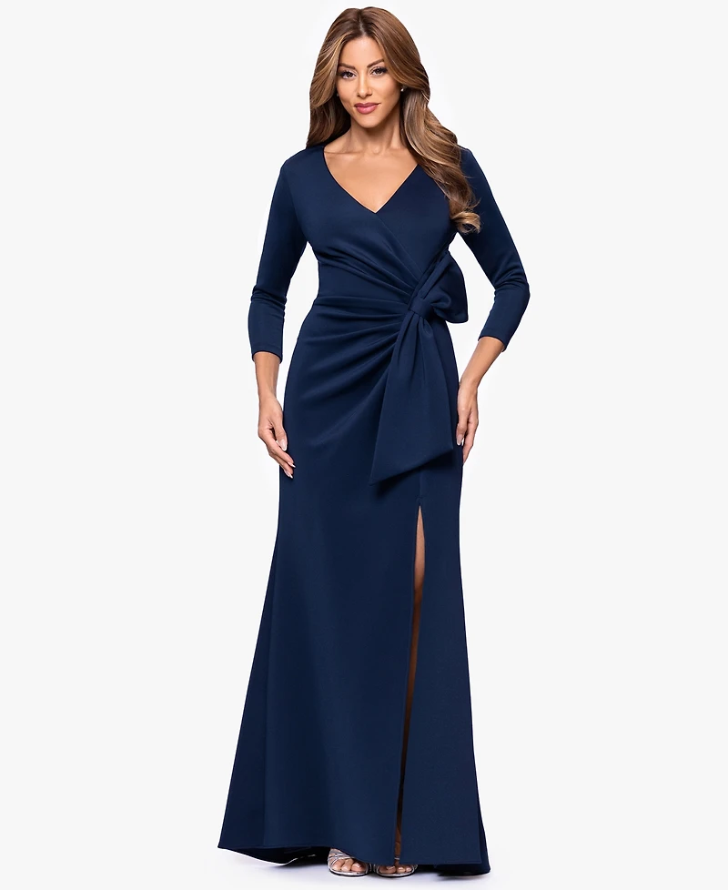 Xscape Women's V-Neck Waist Side Bow Long Dress
