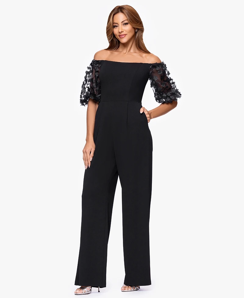 Xscape Women's Off-The-Shoulder Ruched Side Floral Jumpsuit