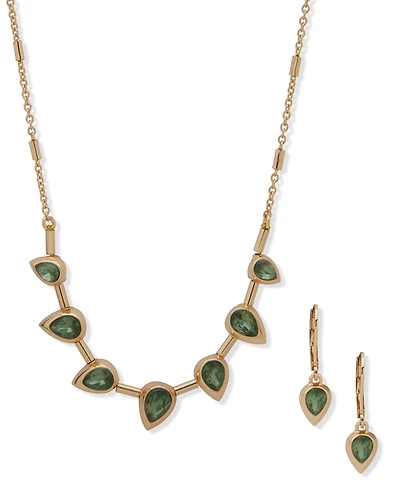 Anne Klein 2-Piece Teardrop Bezel Stone Frontal Necklace and Earrings Set