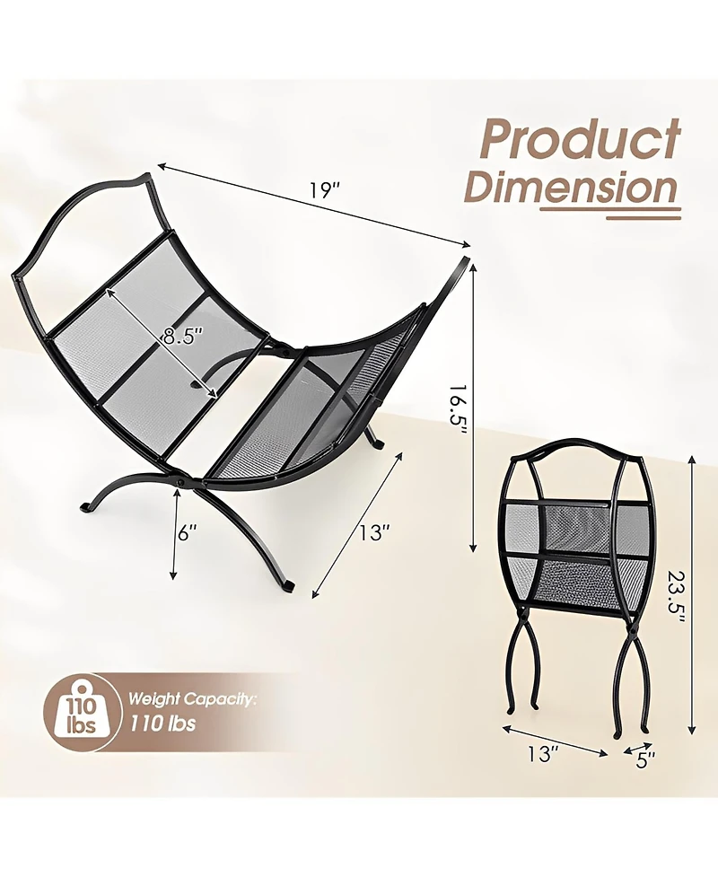Sugift 19 Inch Folding Fireplace Log Rack with Convenient Handle